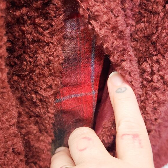 Pendleton Hi-Pile Fuzzy Sherpa Full Zip Fleece Jacket Maroon Plaid Trim Womens L - Picture 11 of 14